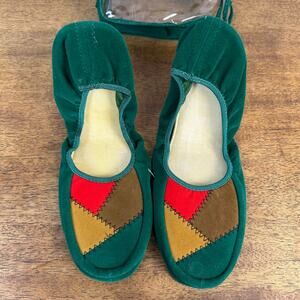 VTG Etell Foldable House Slippers Shoes Size 9-9.5 Green Red Brown Travel Pouch